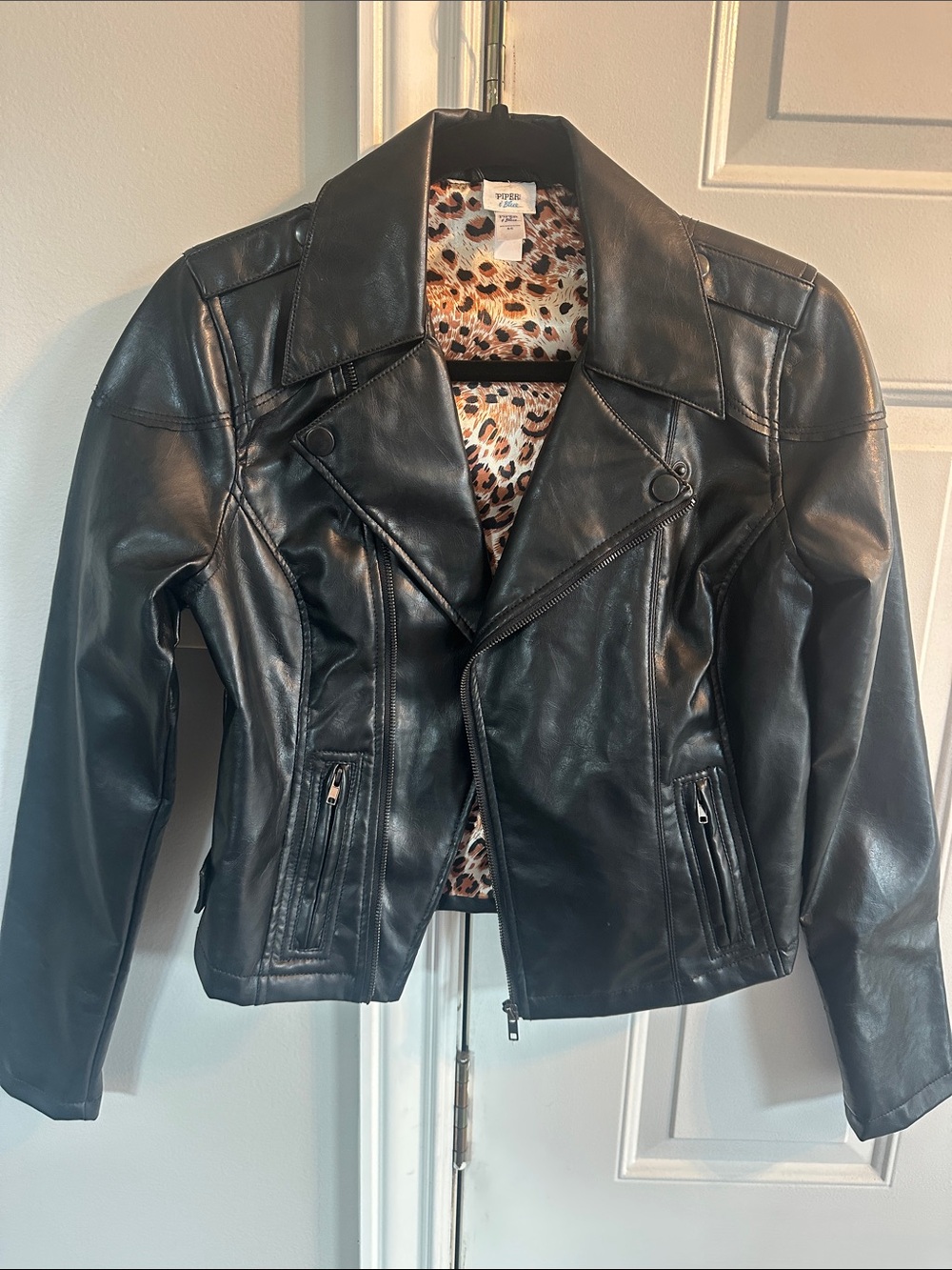 Piper & Blue Black Faux Leather Moto Jacket with Leopard-Print Lining